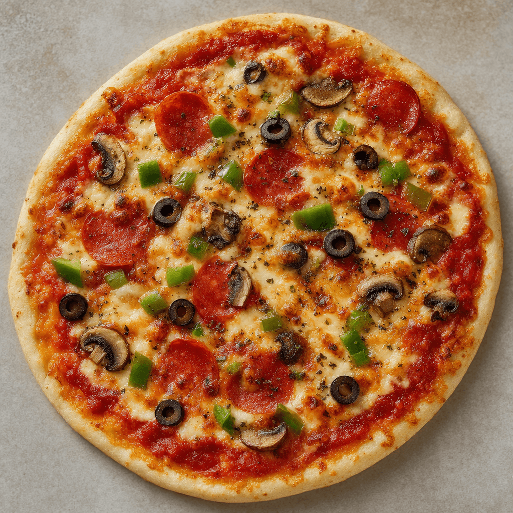 A round, flat pizza has a pale crust topped with red tomato sauce, scattered pieces of cheese and assorted small toppings.
