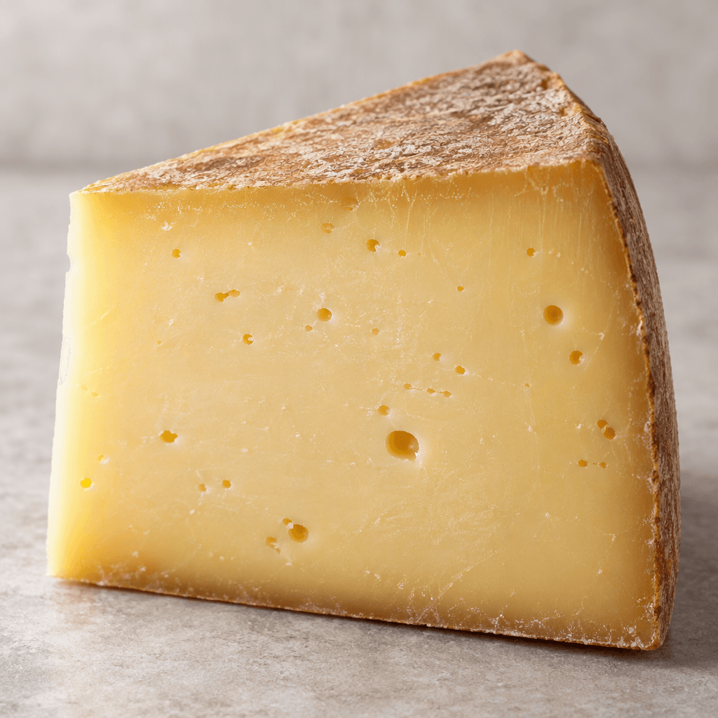 Pale golden-yellow Gruyère cheese is cut into a firm, smooth wedge with a few small, scattered holes and a slightly darker rind along one edge.