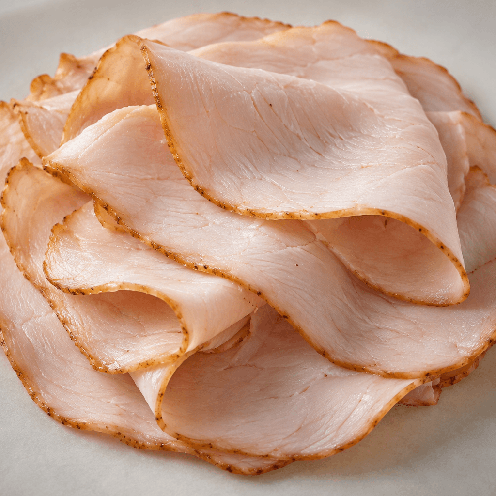 Thin, overlapping slices of smoked turkey are pale pink with a subtle sheen, soft fine-grained texture, and slightly darker edges.