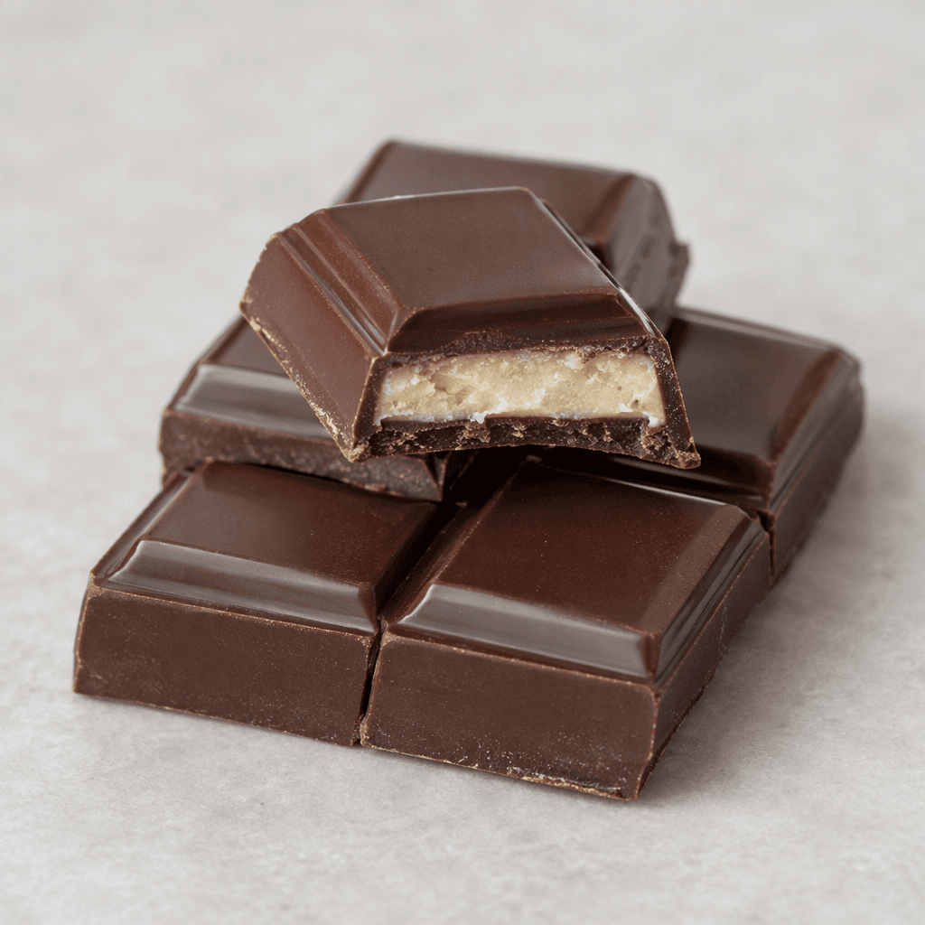 A dark-brown chocolate bar is divided into neat rectangular pieces, with a smooth, slightly glossy shell and pale filling visible inside a cut piece.