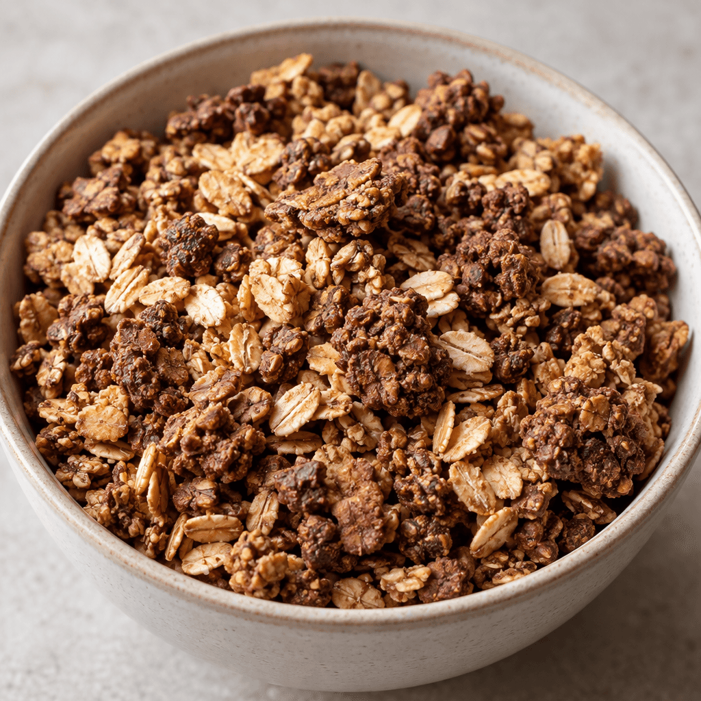 A loose mix of golden oat flakes and irregular cocoa-brown granola clusters, with a lightly rough, crumbly texture, sits in a bowl.