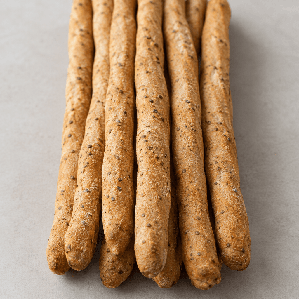 Long, slender breadsticks with a dry, lightly rough surface, golden-brown coloring and scattered darker buckwheat flecks, arranged side by side.