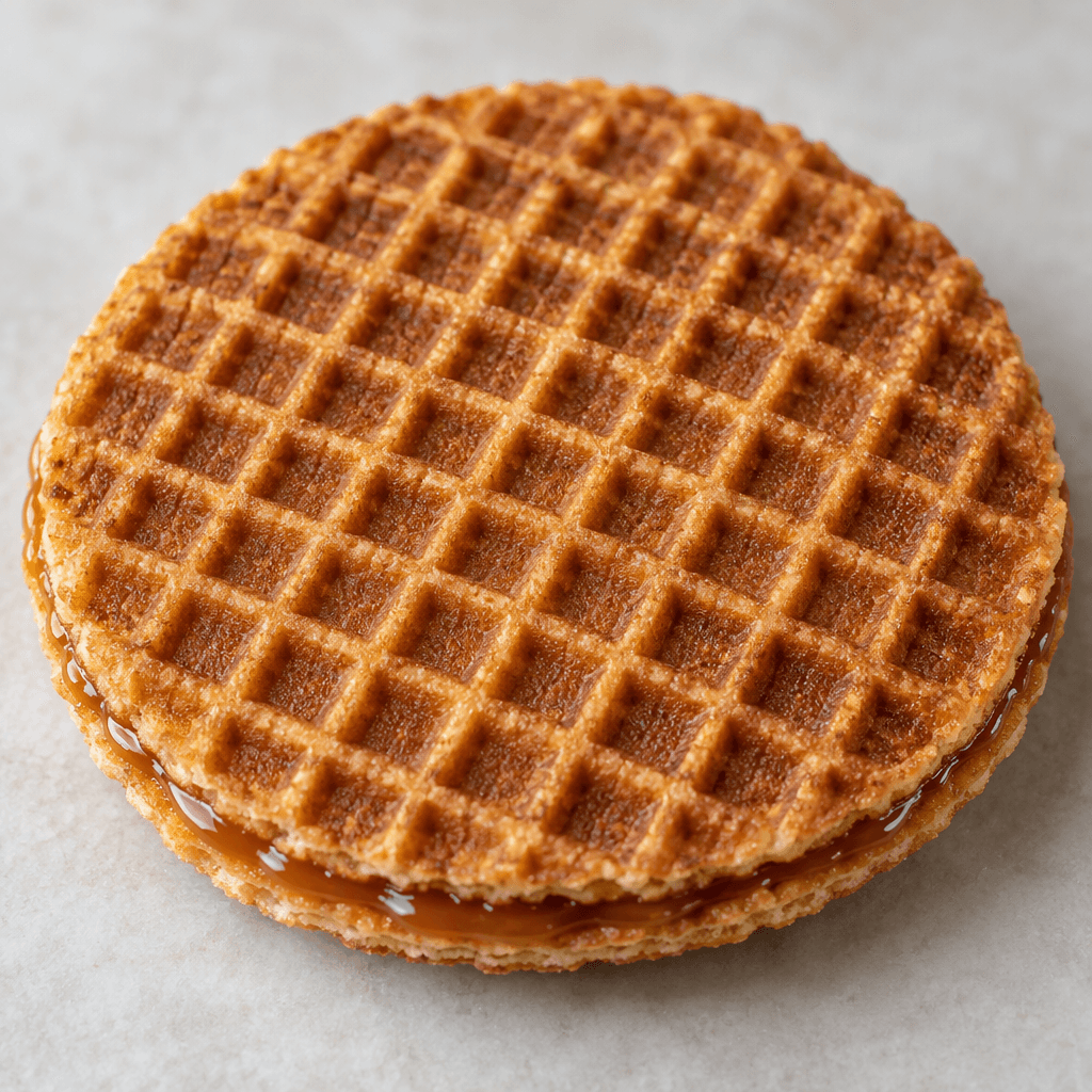 A thin, round, golden-brown waffle with a fine square grid pattern and a narrow layer of amber caramel visible between its crisp layers.