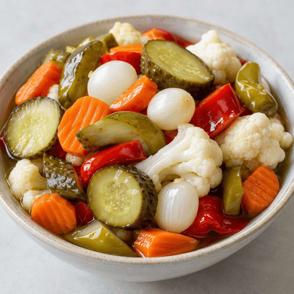 A colorful assortment of glossy pickled vegetables, including sliced cucumber, carrot pieces, cauliflower florets, small onions and red and green peppers, piled together with a little clear brine.