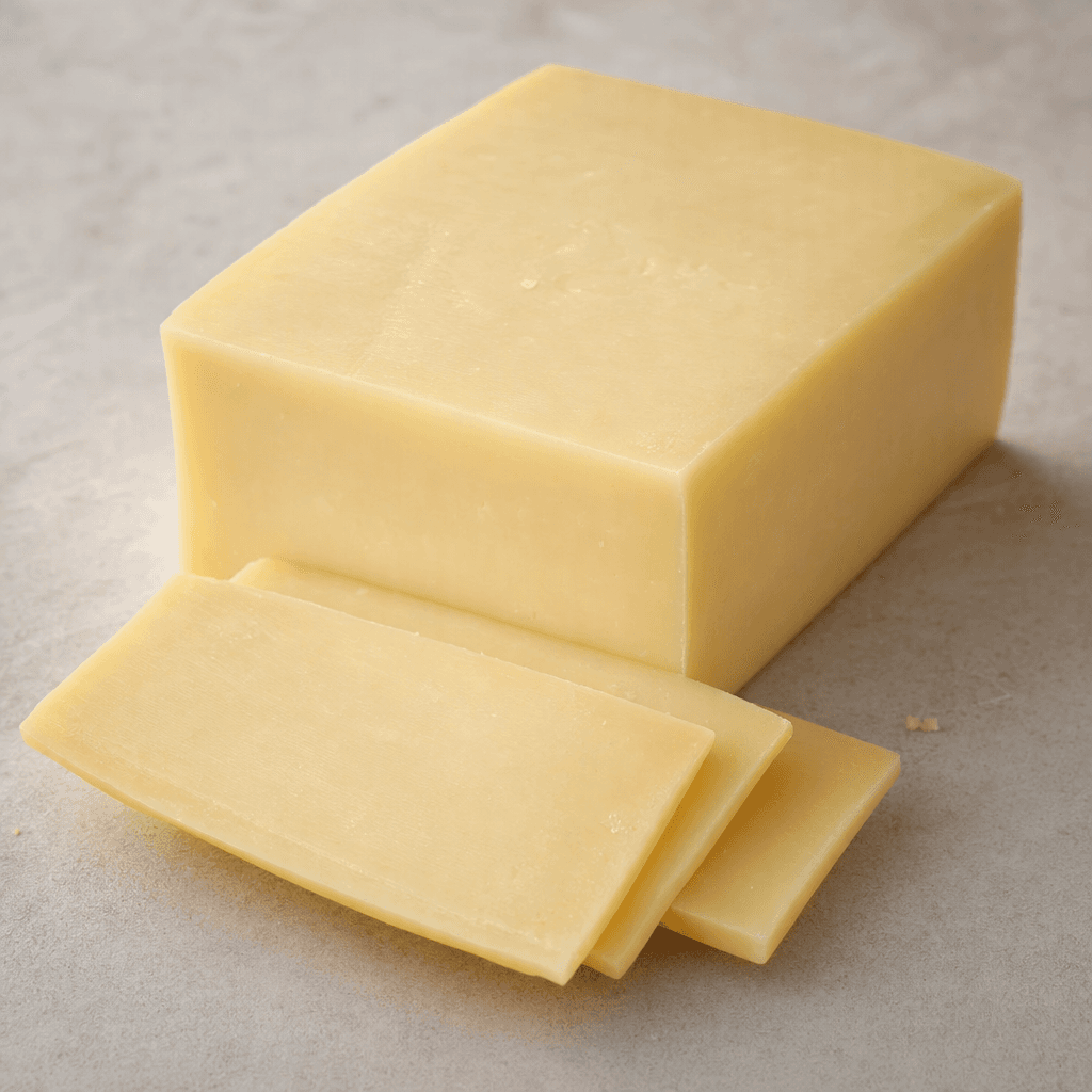 A pale straw-yellow semi-hard cheese in a neat rectangular block, with a smooth, firm surface and a few slices cut beside it.