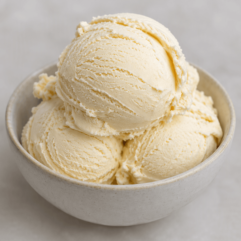 Pale ivory clotted-cream ice cream sits in rounded, softly ridged scoops with a dense, smooth surface.