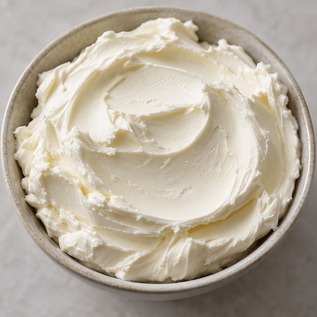 A soft, smooth, off-white cream cheese with a thick, spreadable texture and gentle swirls on its surface.