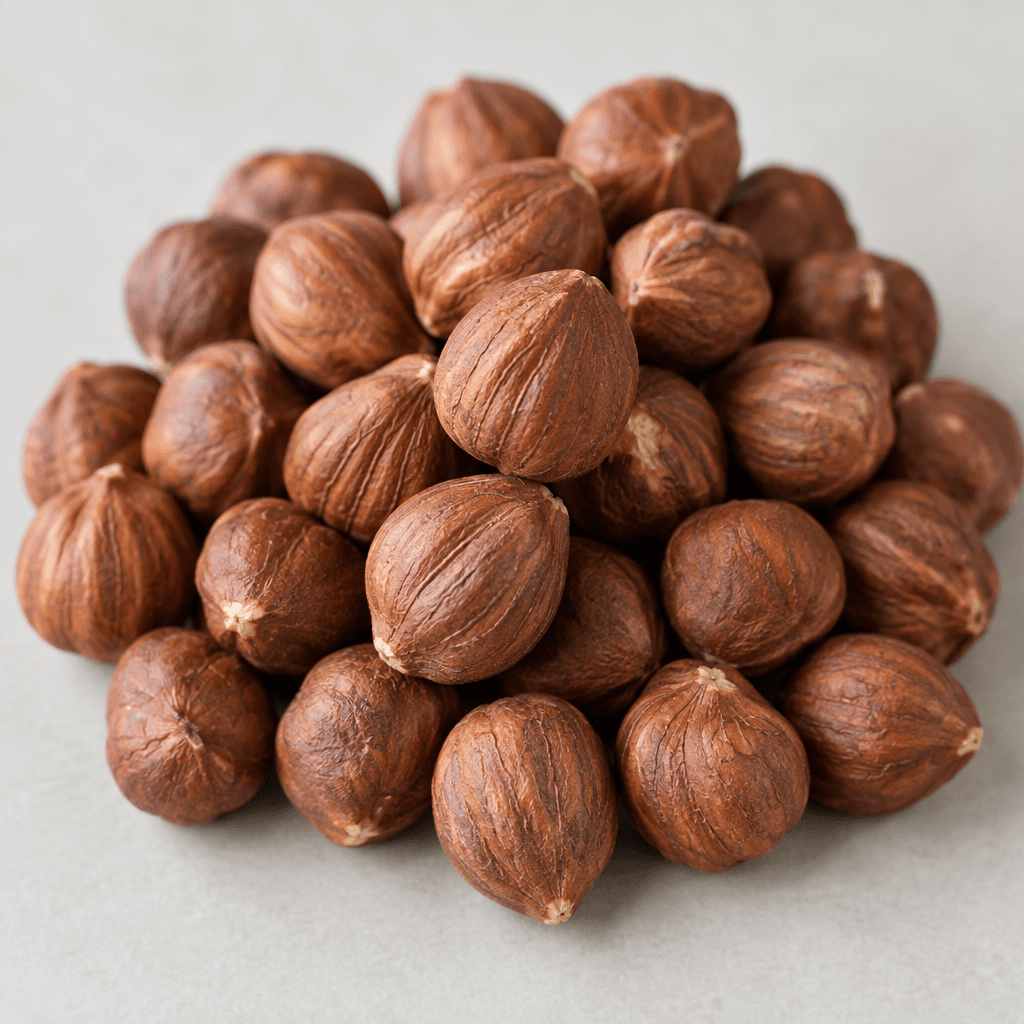 Whole raw hazelnut kernels with thin, matte reddish-brown skins, their small oval shapes and subtly ridged surfaces visible.
