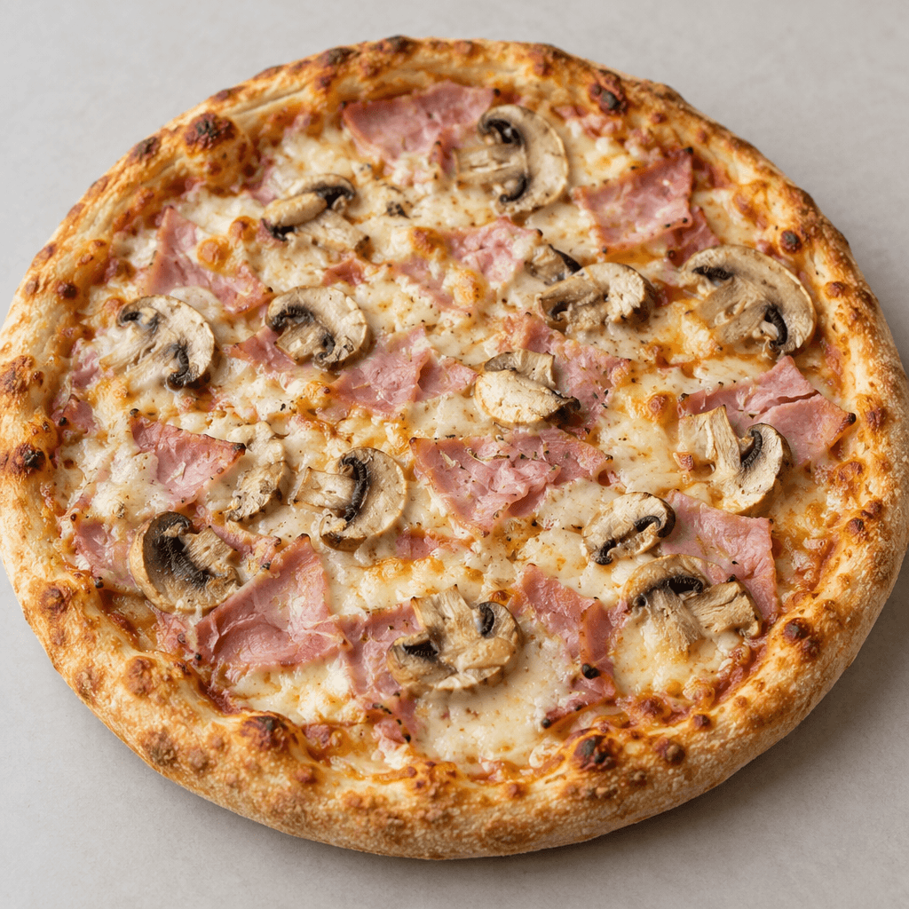 A round pizza with a lightly browned crust, topped with melted pale-yellow cheese, pink ham pieces, and sliced mushrooms with beige caps and darker edges.