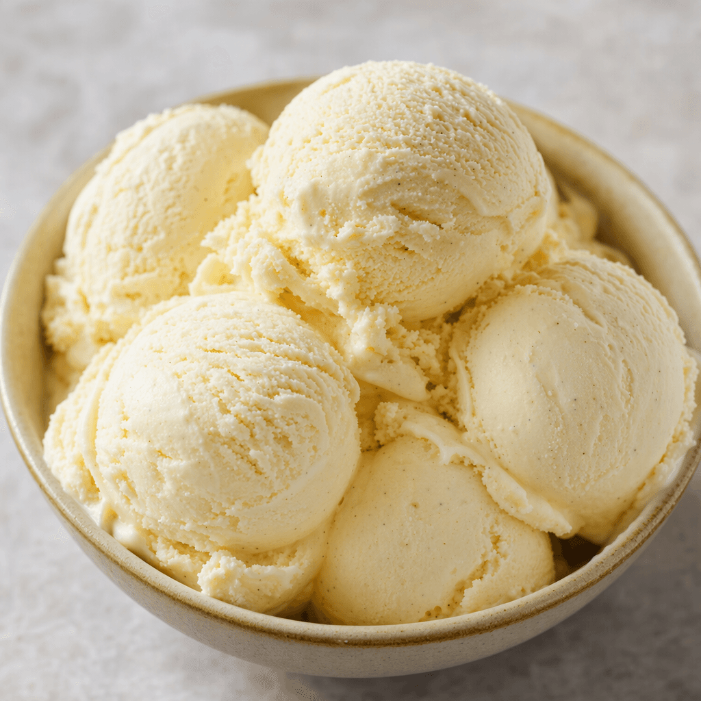 Several small, rounded scoops of pale ivory vanilla ice cream sit together, with a smooth, slightly rippled surface.
