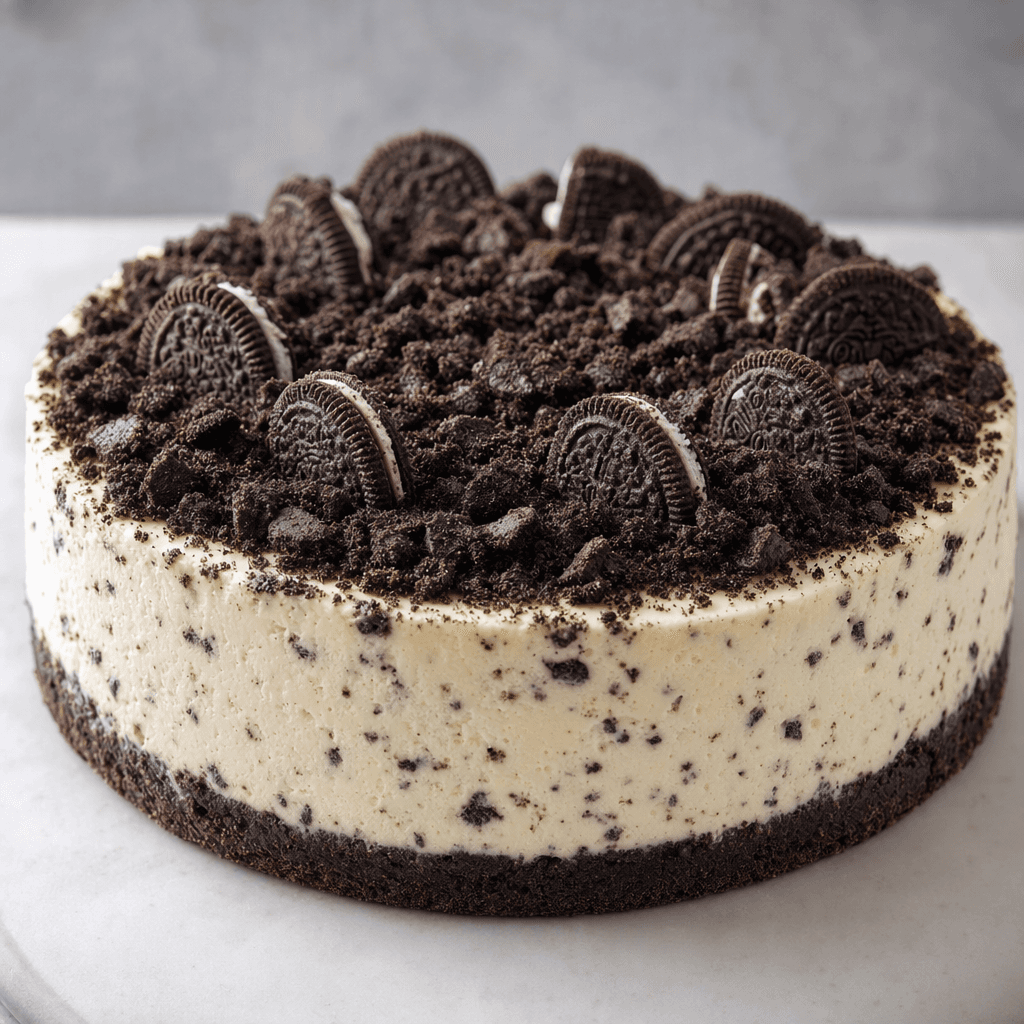 A round cheesecake with a dark crumb crust, a thick pale cream filling dotted with black cookie pieces, and a topping of dark cookie crumbs and cookie halves.