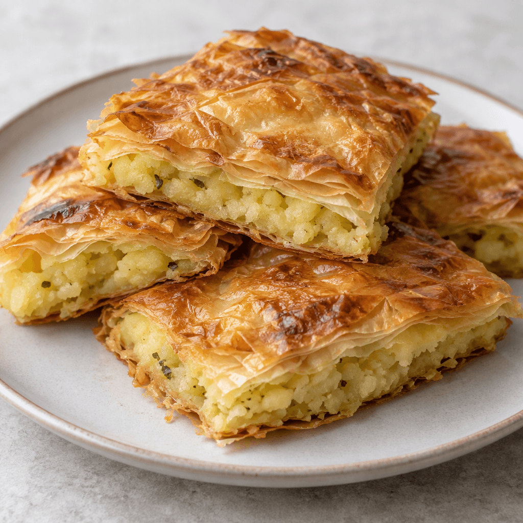 Golden-brown, thin layered pastry pieces with soft pale-yellow potato filling visible at the cut edges, arranged on a plate.