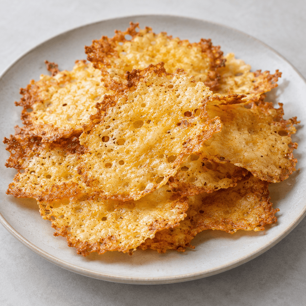 Thin, irregular golden-yellow cheese crisps with bubbled, slightly lacy surfaces and browned edges are scattered on a plate.