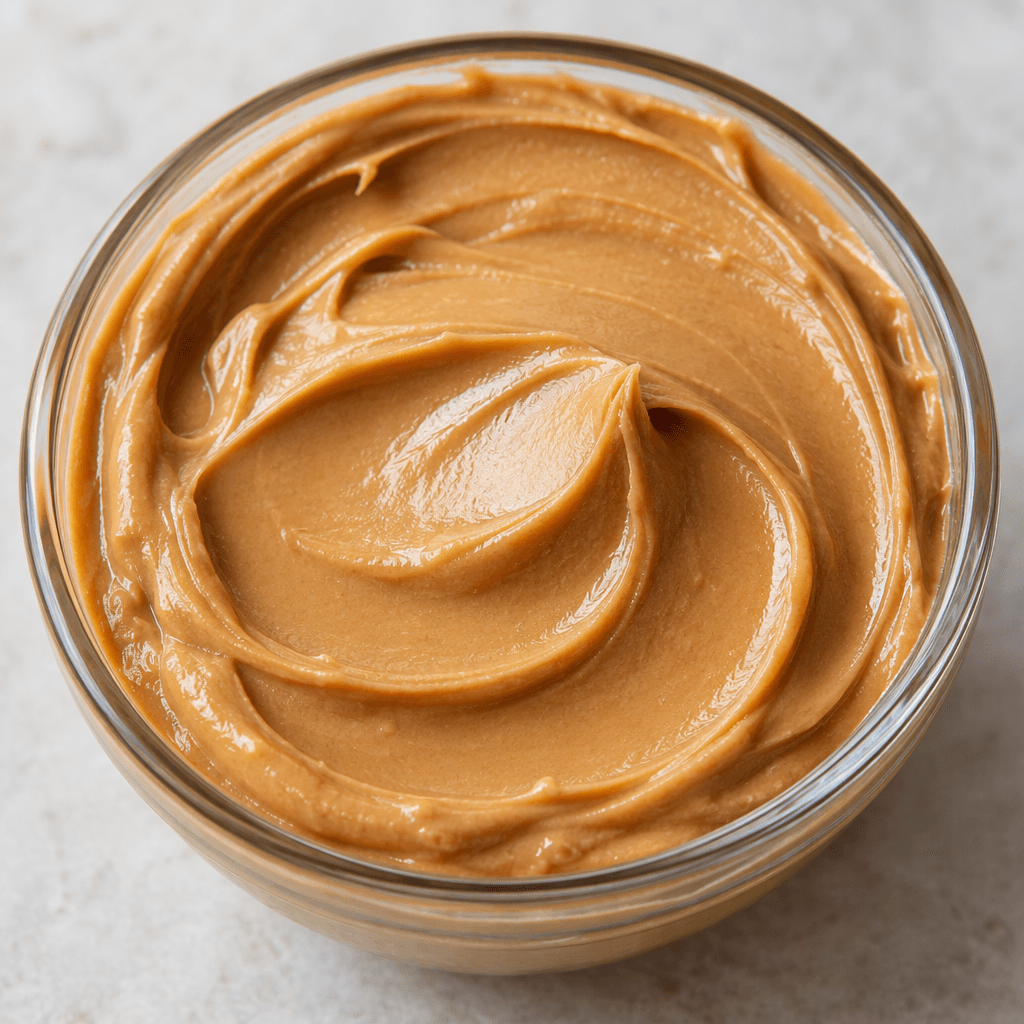 A thick, smooth, lightly glossy light-brown spread with an even surface and no visible pieces.