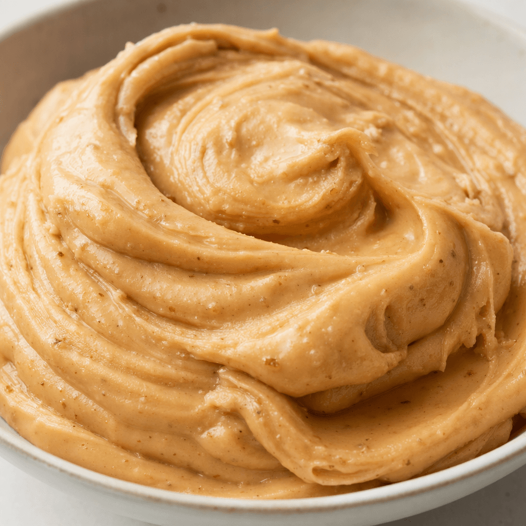 A thick, creamy light-brown peanut spread with a slight sheen and fine darker peanut flecks, gathered in a smooth mound.