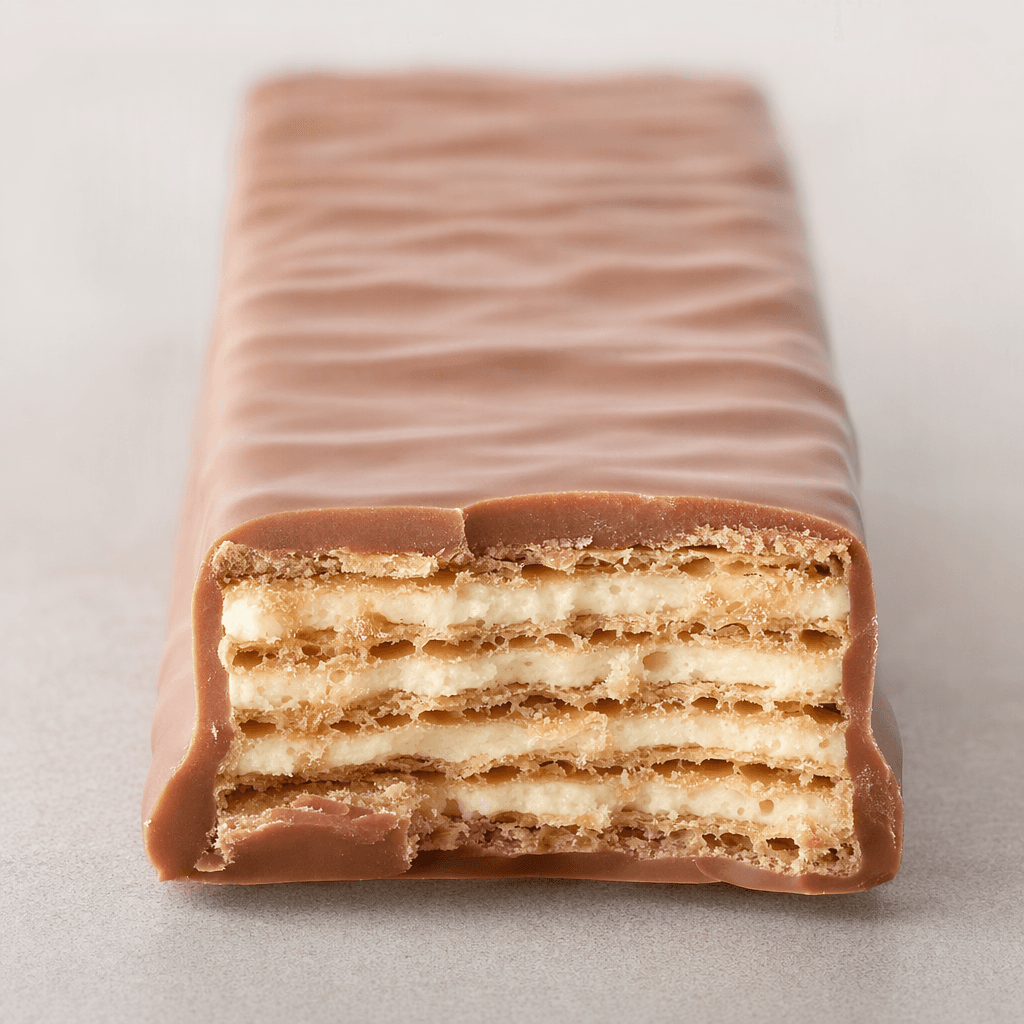 A rectangular wafer bar coated in smooth light-brown milk chocolate, with crisp, thin wafer layers and pale cream visible at a broken end.