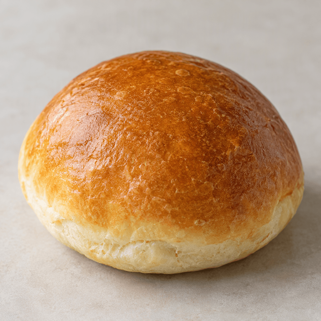 A small, round, domed loaf with a smooth golden-brown crust and a pale, soft-looking edge visible beneath it.
