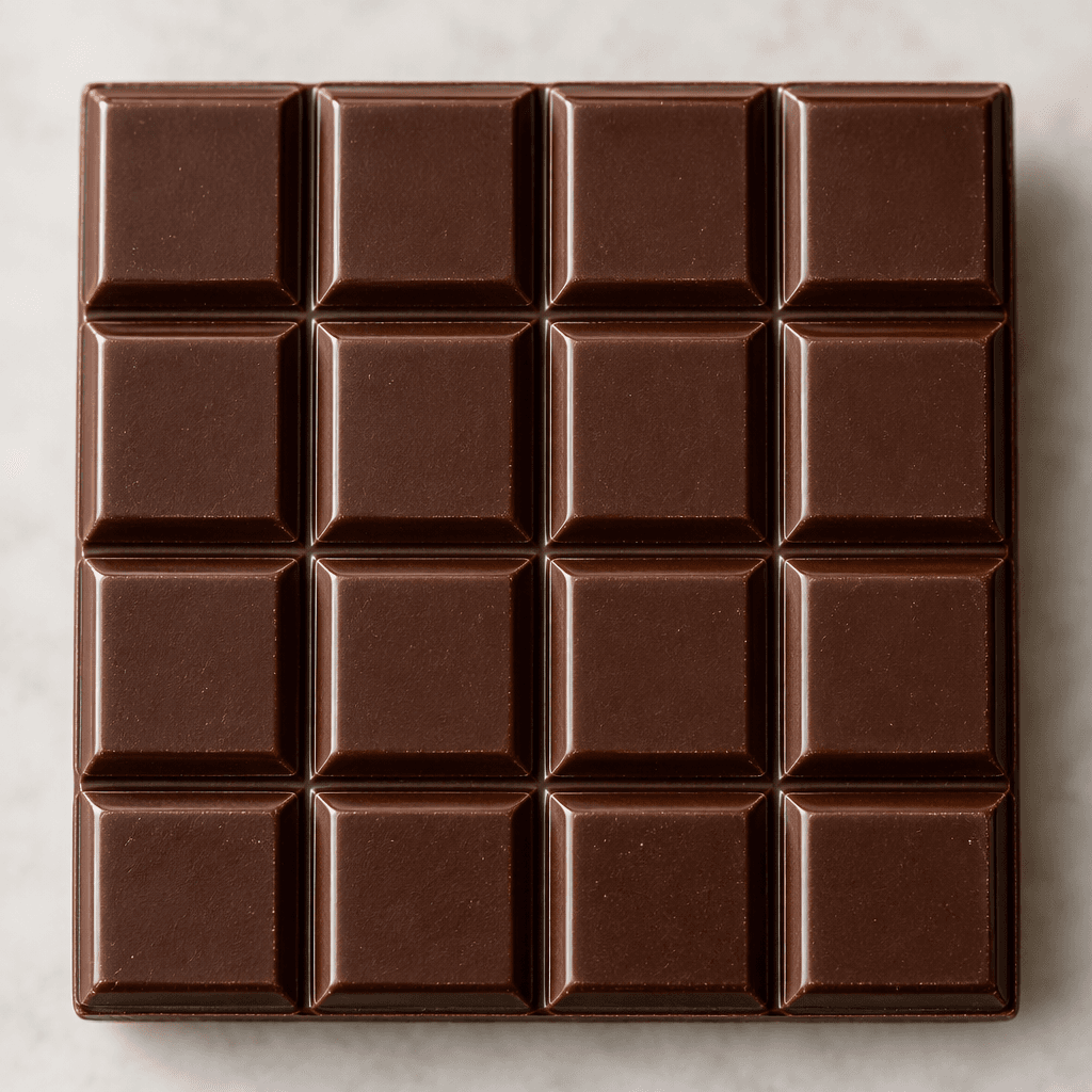 A deep brown, smooth chocolate bar divided into neat rectangular segments, with a slight sheen on its flat surface.