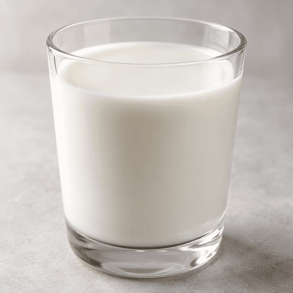 An opaque white, smooth, uniform liquid shown in a clear glass, with a faint sheen on its surface.