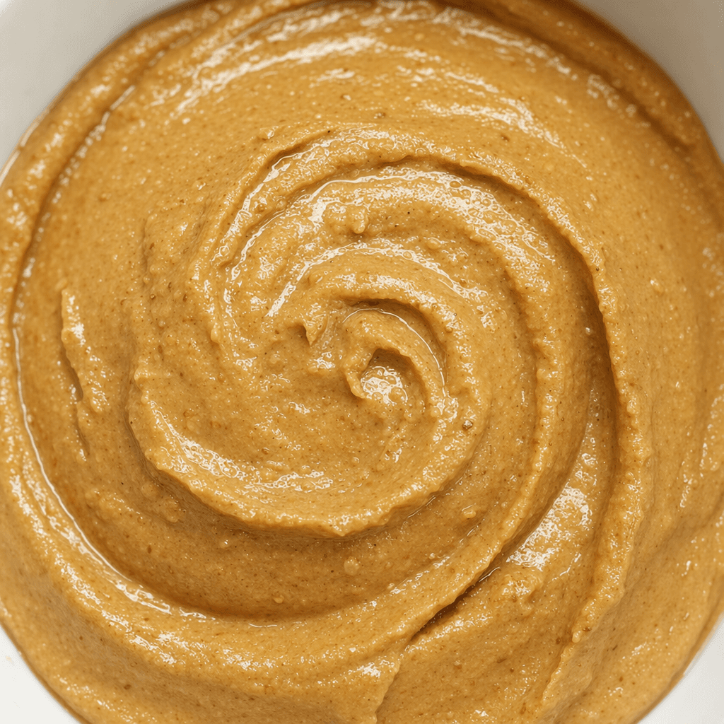 A thick, glossy tan-brown peanut paste with a slightly grainy texture and a thin sheen of oil on the surface.