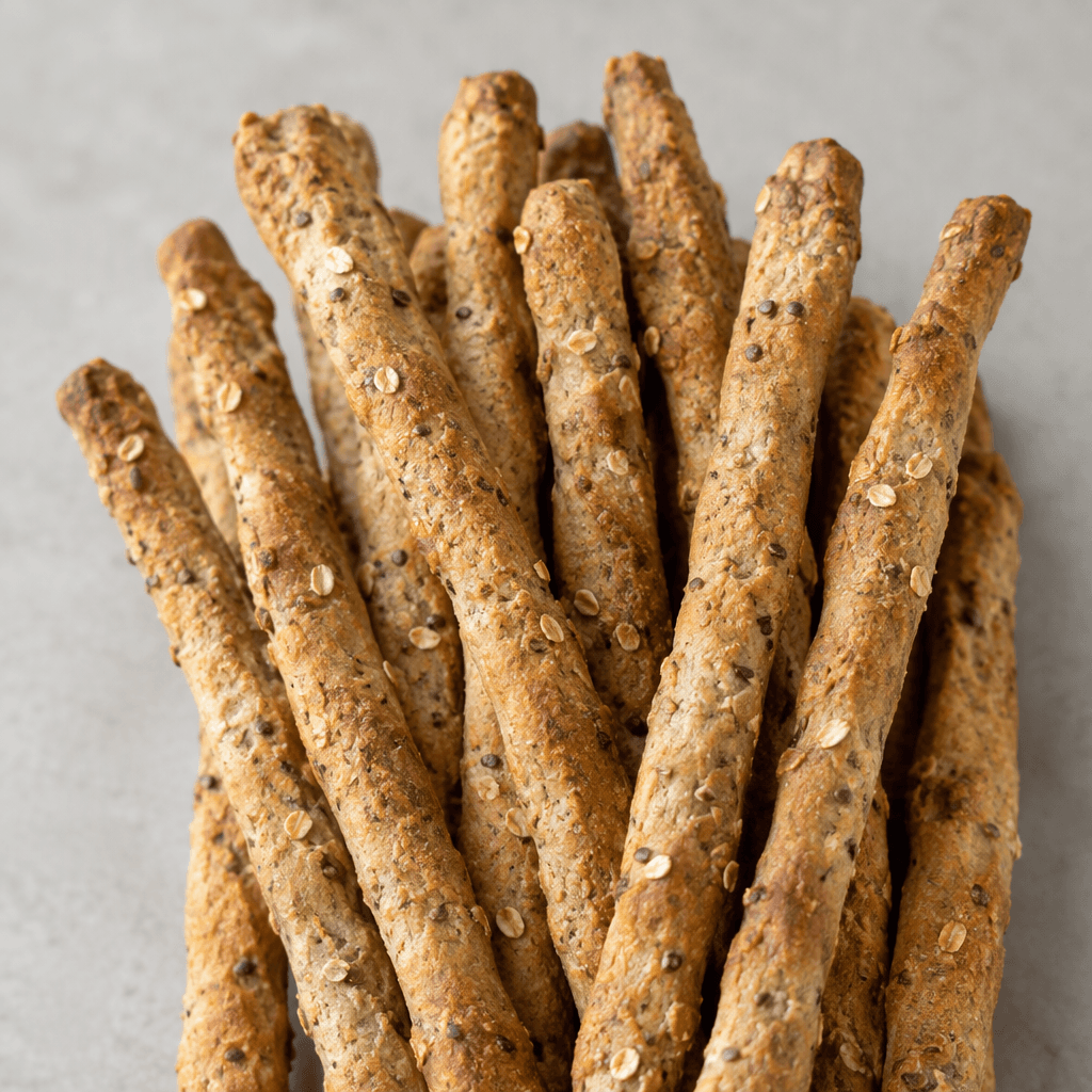 Long, slender breadsticks with an uneven golden-brown surface, dotted with dark buckwheat flecks and small oat flakes.