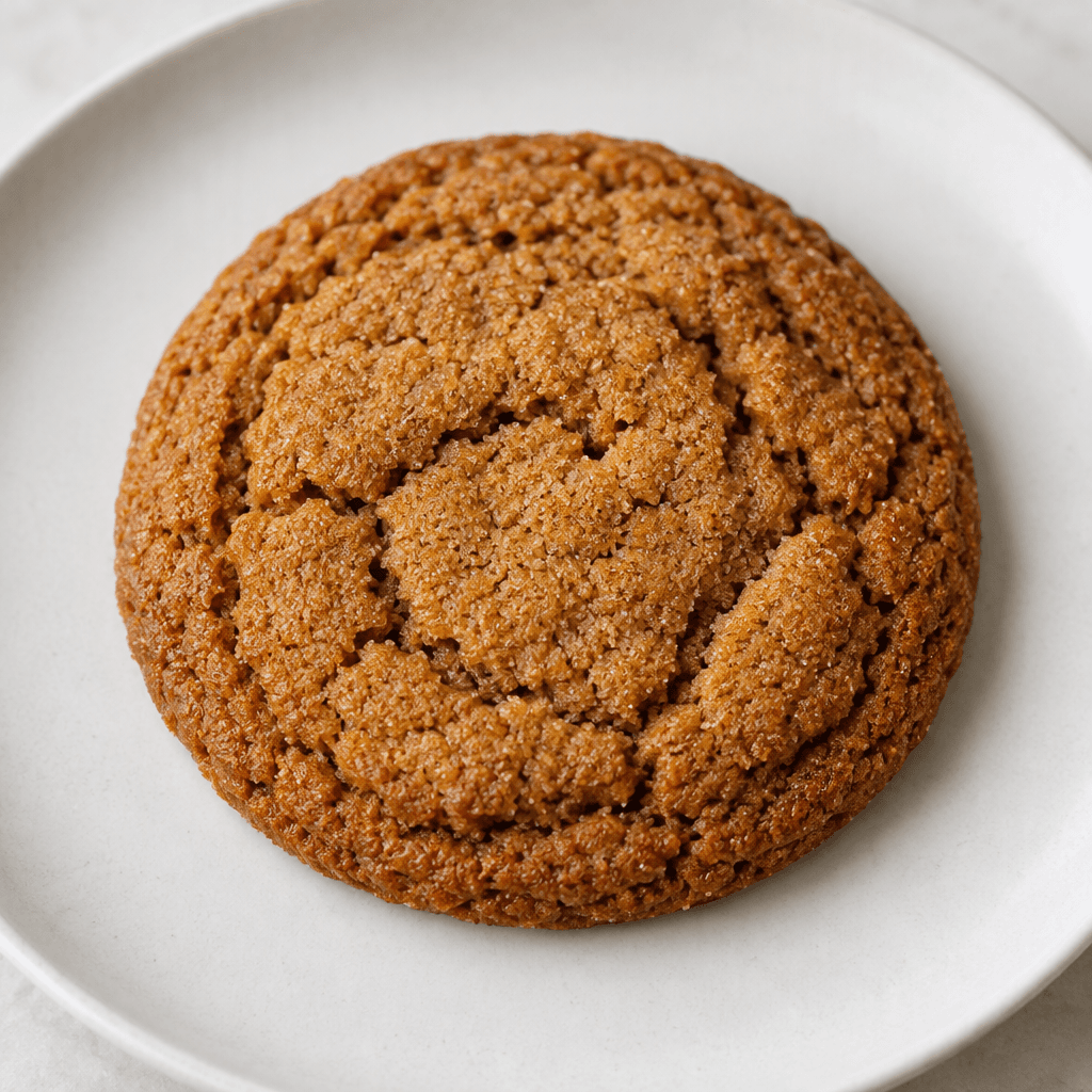 A round, golden-brown ginger cookie with a slightly cracked, gently raised surface and crisp-looking edges, shown on a plain plate.