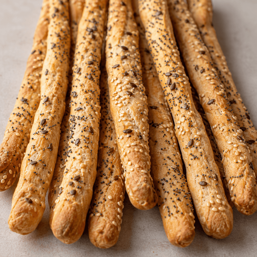 Long, slender, lightly golden-brown breadsticks with a dry, crisp-looking surface scattered with visible seeds, arranged side by side.