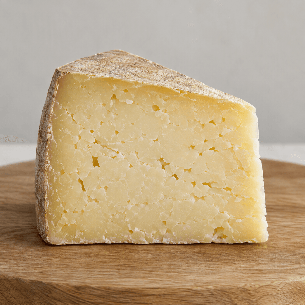 A wedge of firm, pale ivory-to-straw-yellow cheese with a dry, slightly darker rind, a dense crumbly interior, and scattered small irregular holes, resting on a plain serving board.
