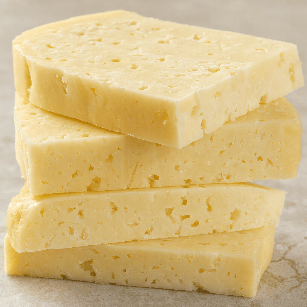 Thick slices of firm Mihaliç cheese have a pale ivory-to-straw-yellow colour and a close, slightly crumbly cut surface dotted with small irregular holes.