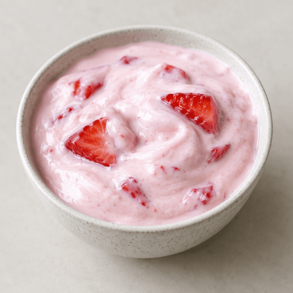 Thick, smooth pale-pink yogurt sits in a small bowl, with a few red strawberry pieces visible on its creamy surface.