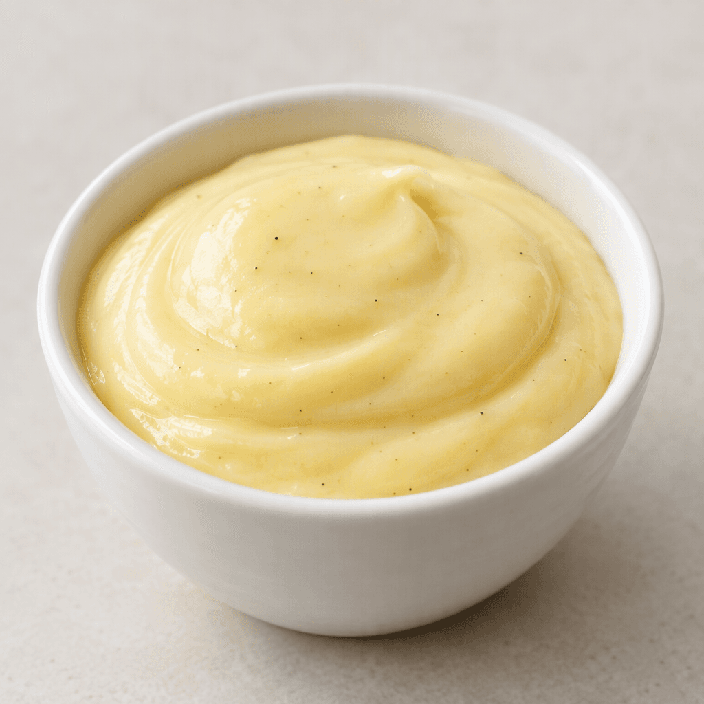 A smooth, thick, pale-cream vanilla pudding with a faint yellow tint, served in a small portion with a softly curved surface.