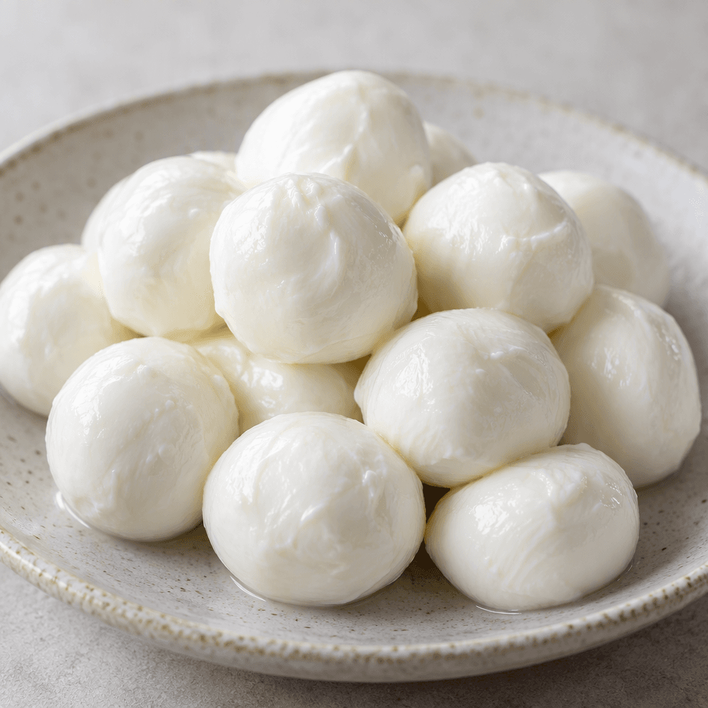 Small, smooth, moist white mozzarella balls, round and uniform in size, arranged together on a plate.