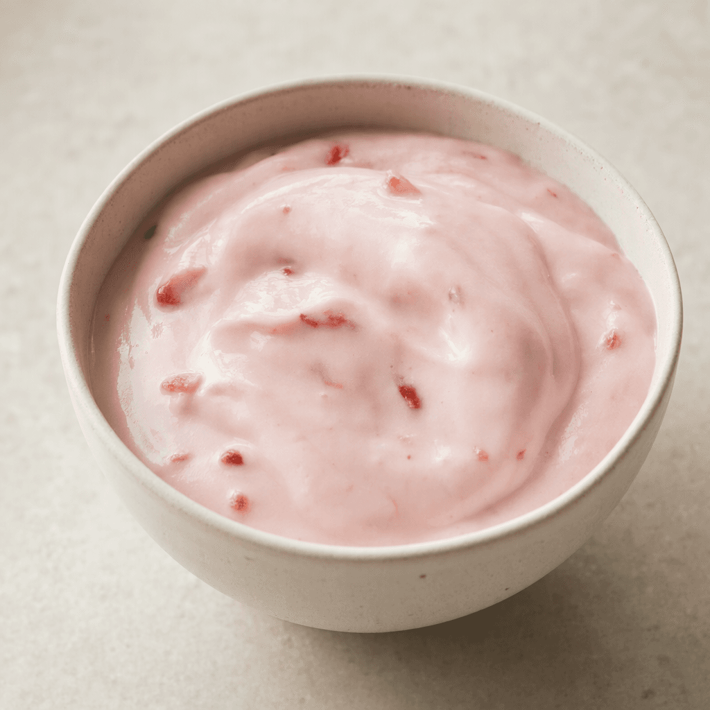 Thick, smooth pale-pink strawberry yogurt sits in a small bowl, with a few tiny red fruit pieces visible on its creamy surface.