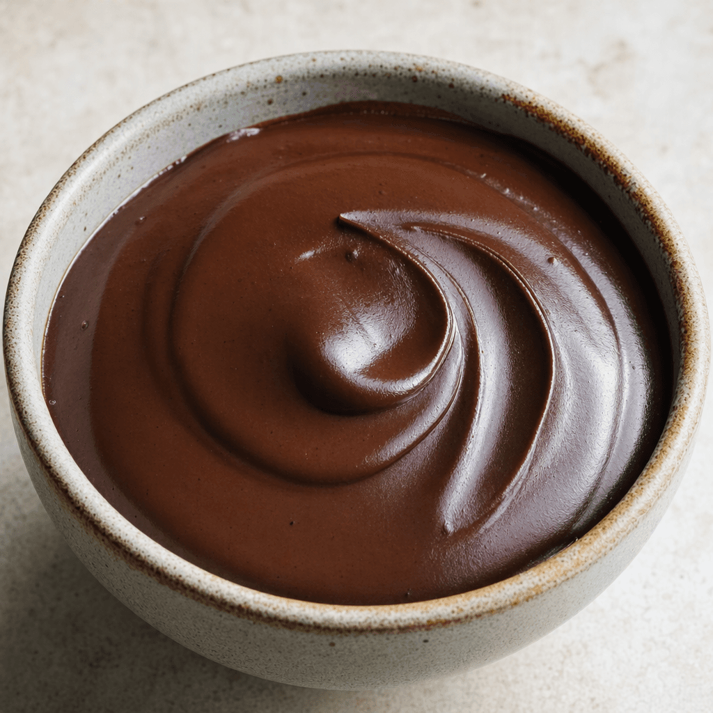 A smooth, thick chocolate pudding with a glossy dark-brown surface, served in a small bowl.