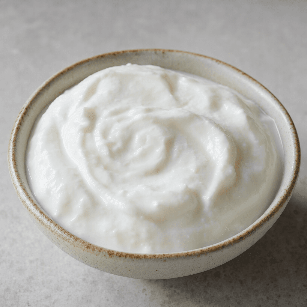 A mound of thick, smooth white yogurt sits in a small bowl, with a creamy surface and soft spooned contours.