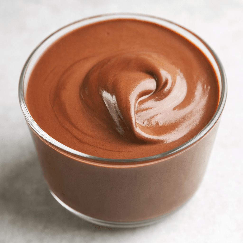A smooth, thick chocolate-brown pudding with a glossy surface, served in a small cup.