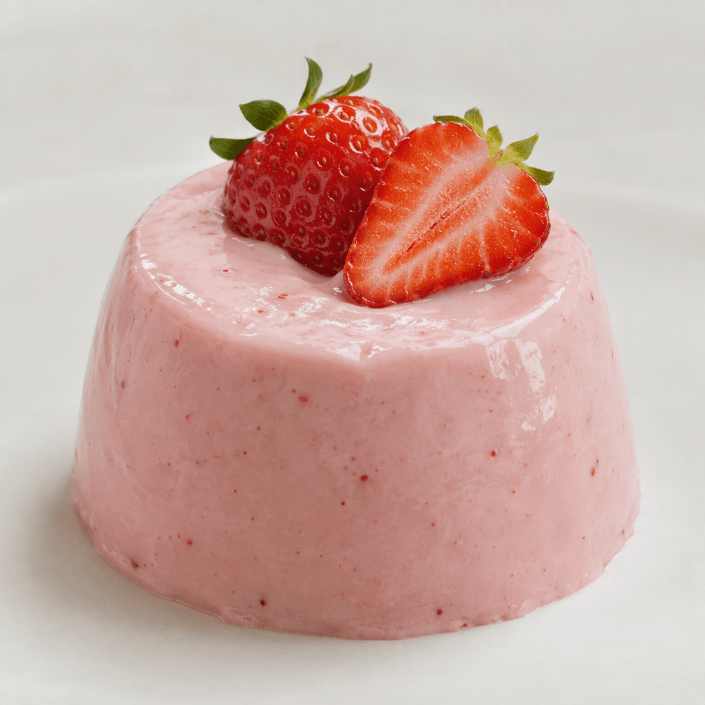 A smooth, glossy, pale pink strawberry pudding with a thick, creamy texture, served in a simple rounded portion.