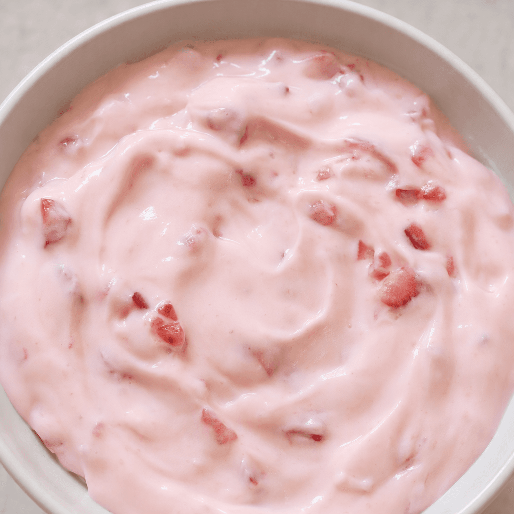 Thick, smooth pale-pink yogurt with small red strawberry pieces throughout.