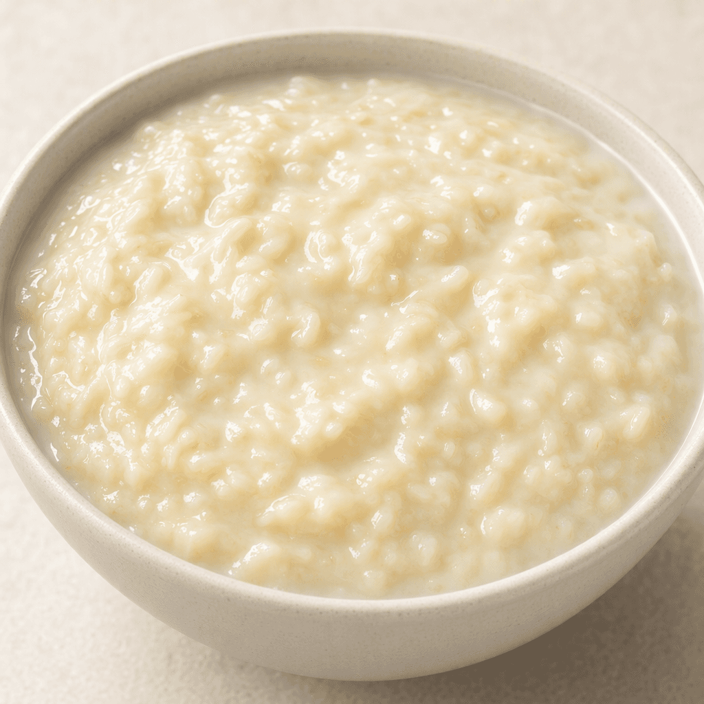A thick, glossy off-white pudding with small, distinct rice grains throughout, served in a plain bowl.