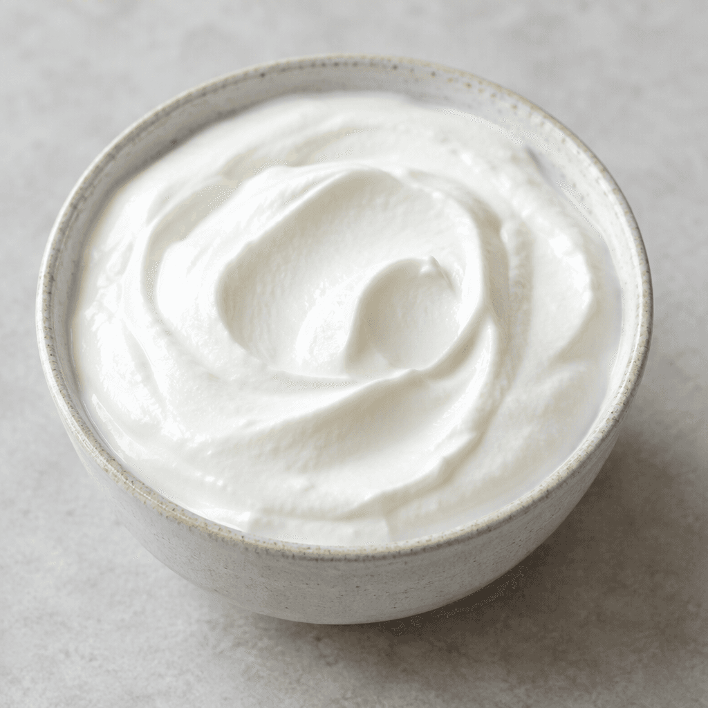 Thick, bright-white yogurt sits in a small bowl, with a smooth, dense surface and soft spoon-shaped swirls.