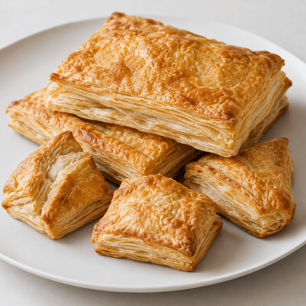 Golden-brown puff pastry with a crisp, flaky surface and many thin, visible layers, arranged as rectangular sheets and small folded pieces on a plain plate.