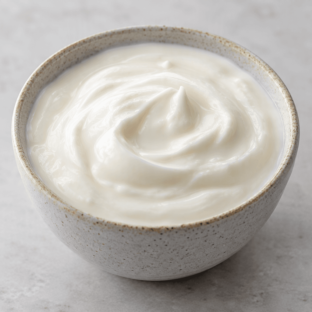 A thick, smooth, creamy-white yogurt with a softly glossy surface, served in a small bowl.