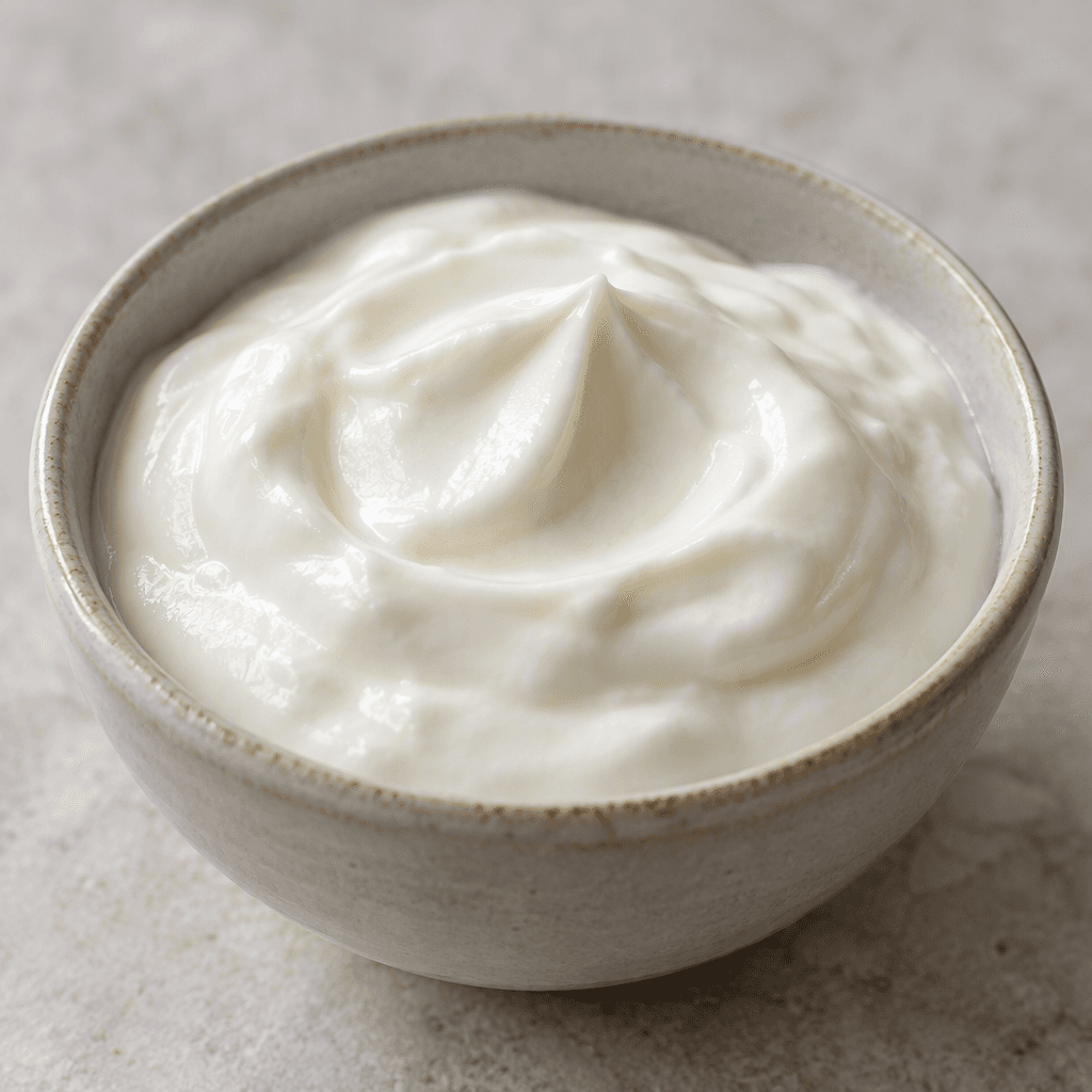 A small serving of thick, smooth white yogurt with a glossy surface, presented in a simple bowl.