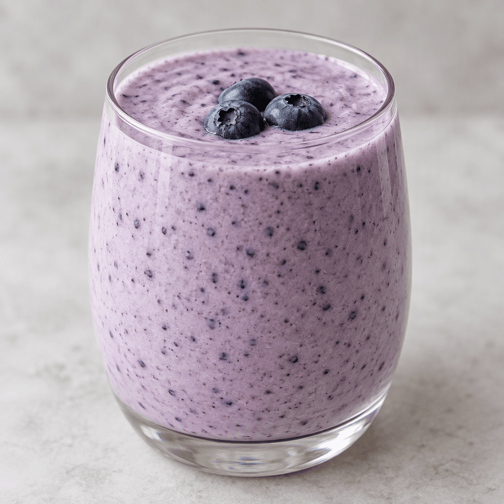 A pale lavender, creamy blueberry dairy drink with tiny dark berry flecks, served in a clear glass.