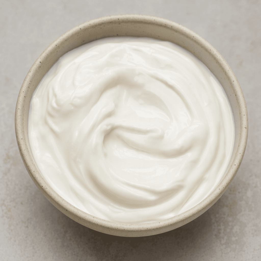 Thick, smooth, glossy white yogurt sits in a small bowl, with a softly rippled surface.