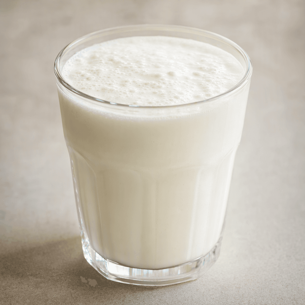 An opaque, pale-white yogurt drink with a smooth, lightly foamy surface, served in a clear glass.