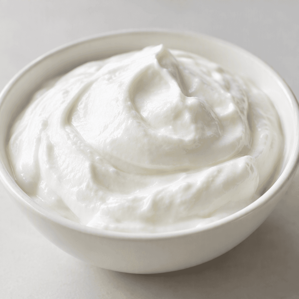A mound of plain, bright-white yogurt with a thick, smooth, creamy texture and a slight sheen.