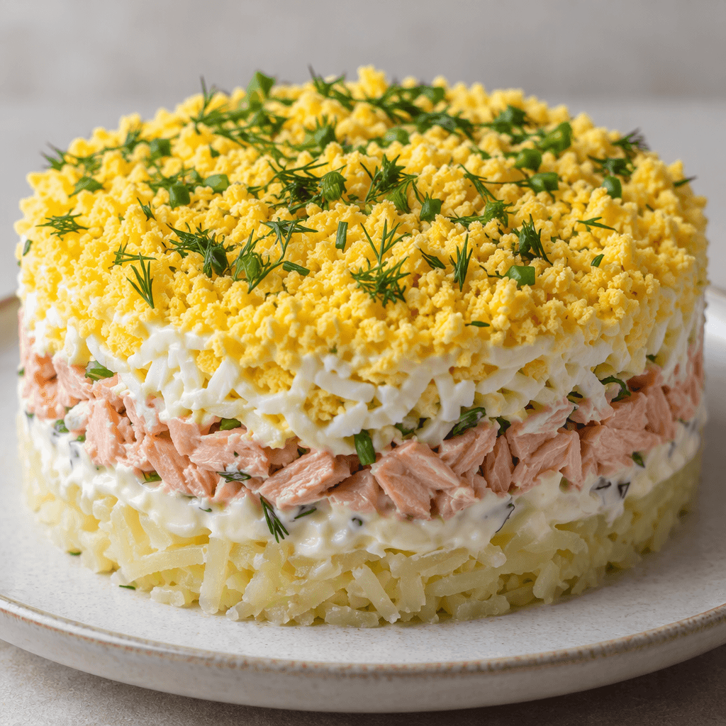 Yanları açık renk rendelenmiş patates, pembe balık parçaları, beyaz ve sarı rendelenmiş yumurta ile mayonez katmanlarını gösteren yuvarlak salatanın üstü ince rendelenmiş canlı sarı yumurta sarısıyla kaplı, üzerine yeşil otlar serpilmiş.