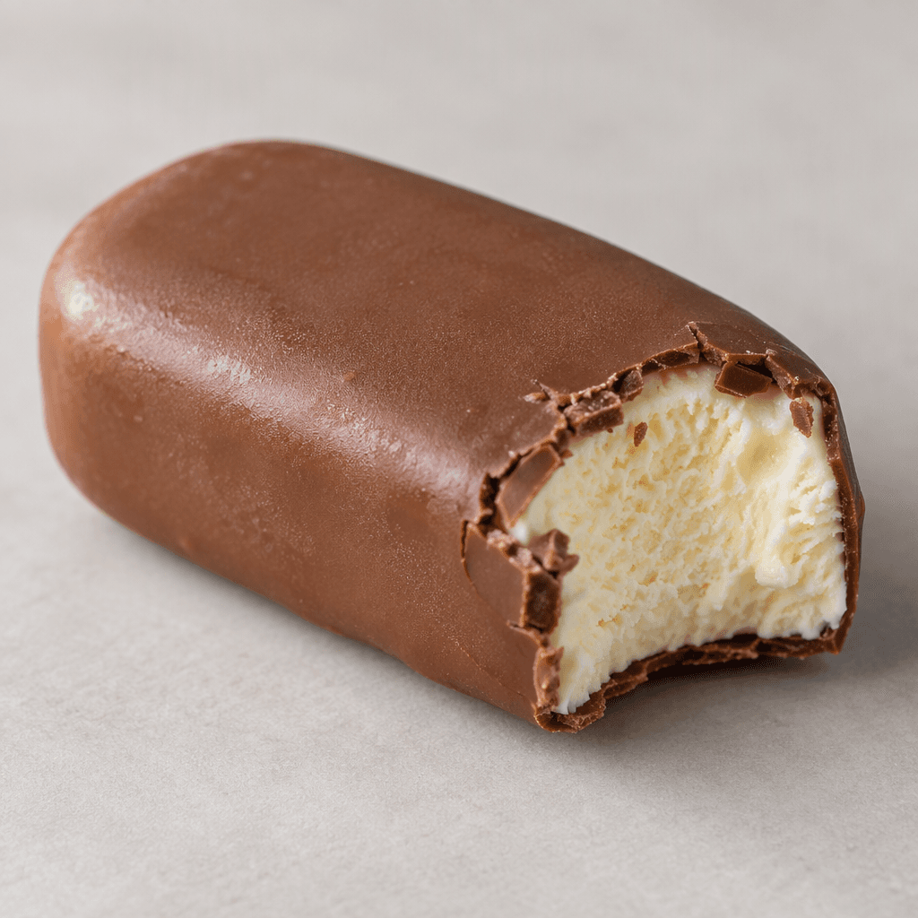 A small, rounded rectangular ice cream bar with a smooth milk-chocolate coating and a pale, creamy interior visible at one end.
