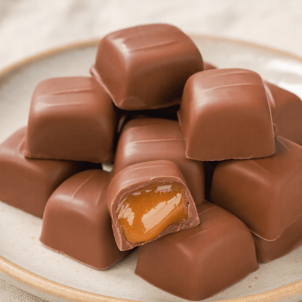 Small, smooth milk-chocolate pieces with rounded rectangular shapes are arranged on a plate, with one cut open to show a glossy, soft caramel center.